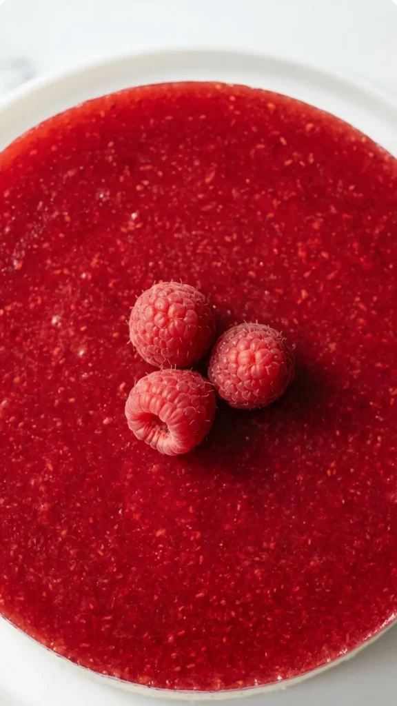 Nahaufnahme von Keto Himbeer-Käsekuchen — samtige Textur des glänzenden roten Fruchtspiegels