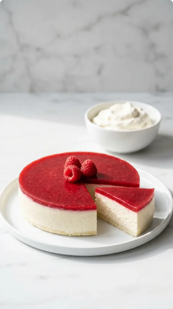 Keto Himbeer-Käsekuchen serviert mit unsweetened whipped cream — angeschnittenes Kuchenstück auf weißem Marmor
