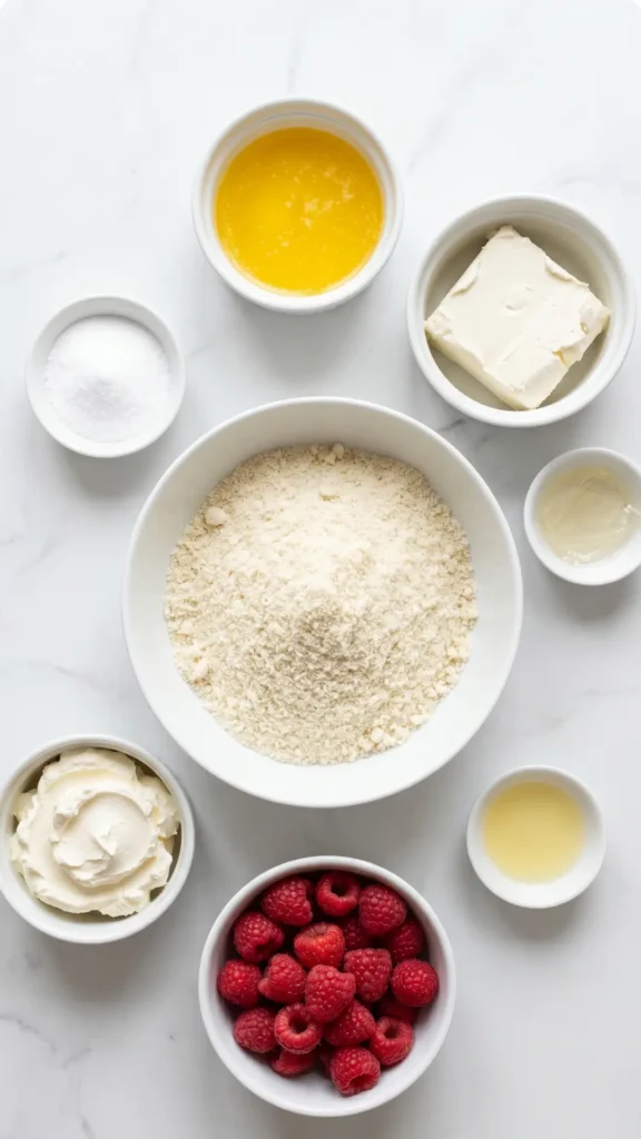 Zutaten für Keto Himbeer-Käsekuchen: Mandelmehl, Frischkäse, Mascarpone und frische Himbeeren