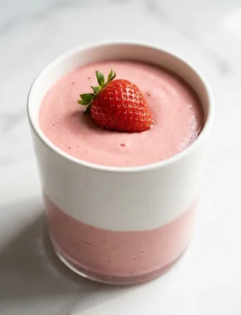 Low Carb Erdbeer-Mousse serviert mit unsweetened whipped cream — elegantes Dessert-Arrangement auf hellem Marmor