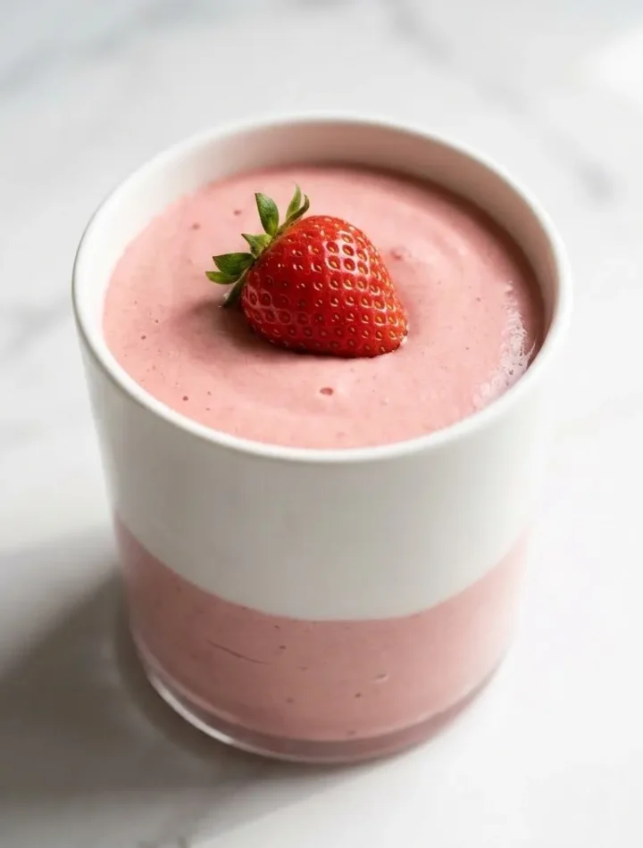 Low Carb Erdbeer-Mousse serviert mit unsweetened whipped cream — elegantes Dessert-Arrangement auf hellem Marmor