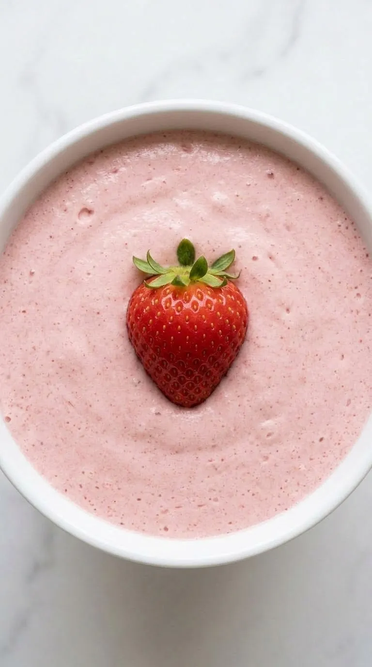 Nahaufnahme von Low Carb Erdbeer-Mousse — samtige cremige Textur mit einer frischen roten Erdbeere im Fokus